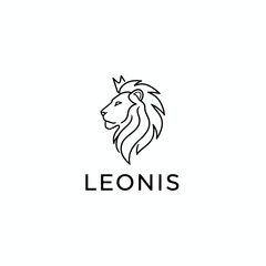 Fototapeta premium Black and white line art of a lion's head with a mane and crown; the name 