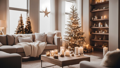 Cozy living room decorated for the holiday season with a tree, candles, and a warm atmosphere Generative AI