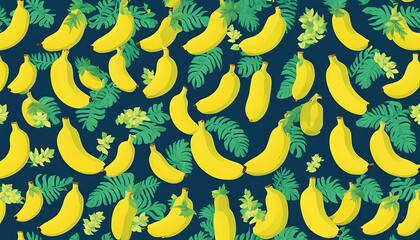 Bright yellow bananas and green leaves create a vibrant tropical pattern on a dark background Generative AI