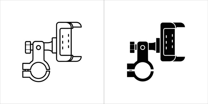 Two icons of a motorcycle phone holder, one in outline and one in solid black, on a