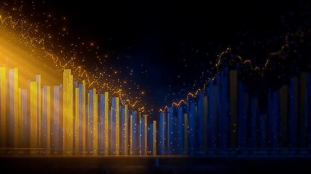 Abstract digital visualization of financial market data with rising and falling bar graphs and glowing light streaks against a dark background.