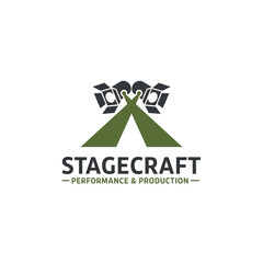 A stylized logo with stage lights and a green converging design, with text below