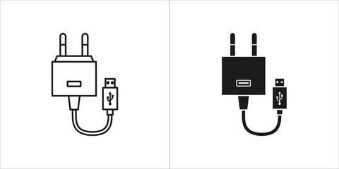 Two icons of a usb power adapter and cable, one in outline and one in solid black