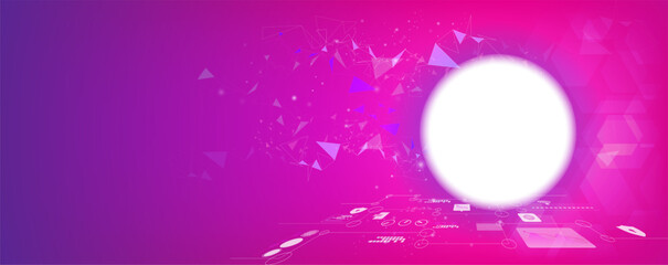 Futuristic pink technology background with glowing circle and abstract digital network, modern neon design concept for innovation, AI, and digital transformation themes.