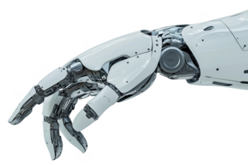 White robotic arm and hand isolated on a transparent background
