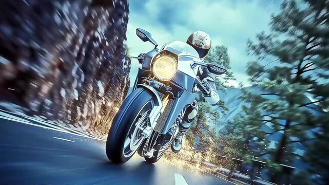 A motorcycle rider leans into a sharp turn on a winding mountain road, with blurred trees and a rocky cliff face suggesting speed and adventure.