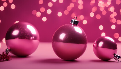 Bright pink Christmas ornaments shining against a blurred pink background with festive bokeh lights for holiday celebrations Generative AI