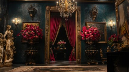 Luxurious dark room with red curtains, ornate details, and floral arrangements