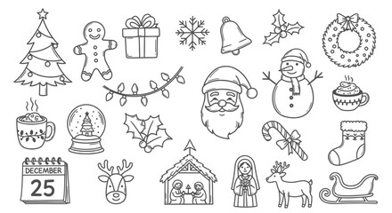Hand-Drawn Christmas Icon Set &ndash; Tree, Santa, Gifts, Wreath, Reindeer, Snowman, Holiday Doodles