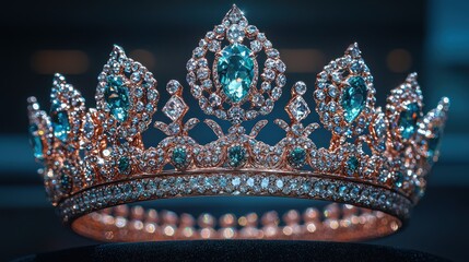 Luxurious diamond crown, close-up display, blurred background, regal exhibit