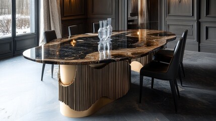 Luxurious dining table in modern, elegant interior with dark granite top and brass accents