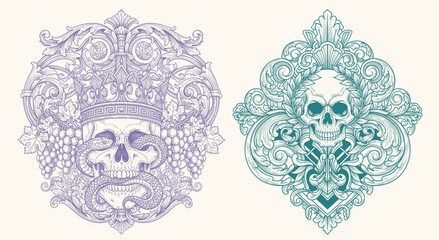 Vintage ornate skull wearing crown with snakes and floral baroque vines, gothic engraving illustration in detailed etching style.