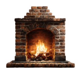 Cozy firewood burning in rustic brick fireplace living room isolated on transparent background