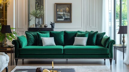 Luxurious emerald green velvet sofa in a modern classic living room with artwork and accessories