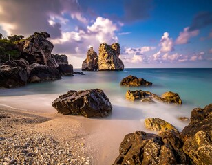 Obraz premium Coastal scene featuring rock formations and tranquil turquoise waters