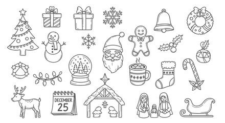 Hand-Drawn Christmas Icon Set &ndash; Tree, Santa, Gifts, Wreath, Reindeer, Snowman, Holiday Doodles
