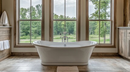 Luxurious farmhouse bathroom soaking tub with large windows overlooking a lush landscape