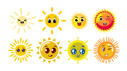 Funny cartoon sun icon vector set with a smiling yellow face for summer design and bright sunlight illustration
