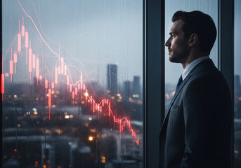 Businessman sitting in a futuristic red cityscape at night, watching a falling stock market graph projected above, analyzing the implications of the economic decline and loss