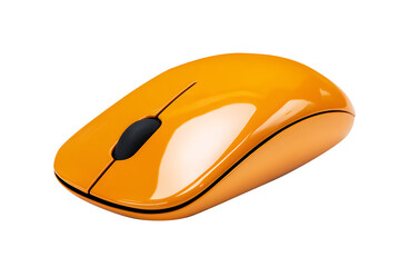 Orange wireless computer mouse isolated on cut out PNG or transparent background. Modern design highlights smooth curves and minimalistic buttons. Stylish appearance. Computer equipment technology.