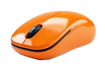 Orange wireless computer mouse isolated on cut out PNG or transparent background. Computer equipment technology stylish appearance. Modern design highlights smooth curves and minimalistic buttons.