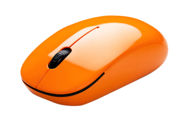 Orange wireless computer mouse isolated on cut out PNG or transparent background. Modern design highlights smooth curves and minimalistic buttons. Computer equipment technology. Stylish appearance.