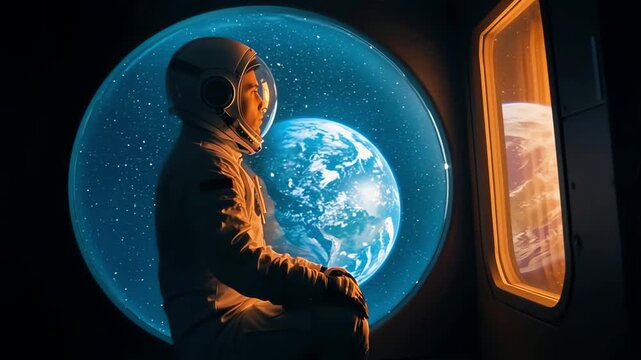 Space view awe, silhouette of crew examining cosmic scenery, astronaut gazing through window at luminous earth and stars, figure inside vessel watches blue globe amid stellar backdrop with peaceful