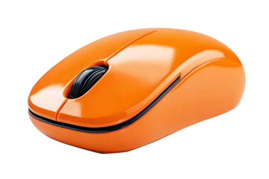 Orange wireless computer mouse isolated on cut out PNG or transparent background. Computer equipment technology stylish appearance. Modern design highlights smooth curves and minimalistic buttons.