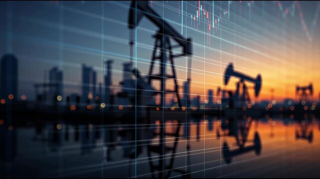 Oil price forecast with financial chart overlay, pump jack silhouette at sunset, reflecting market trends and economic outlook