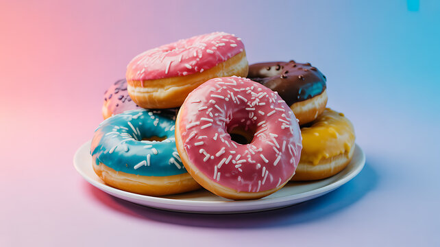 A plate of colorful glazed donuts with sprinkles arranged in a stack against a gradient background