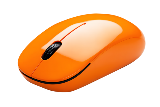 Orange wireless computer mouse isolated on cut out PNG or transparent background. Modern design highlights smooth curves and minimalistic buttons. Computer equipment technology. Stylish appearance.