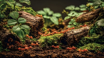 Fototapeta premium Red Ants Foraging on Log