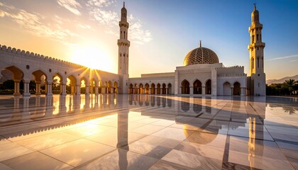 Golden Hour Sunrise Over Sultan Qaboos Grand Mosque Muscat Oman Architectural Marvel and Spiritual Landmark