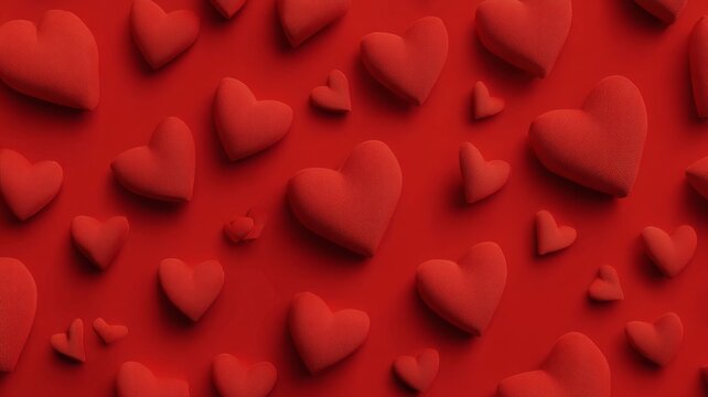 Red hearts scattered on vibrant red background for romantic love celebration, valentine’s day greeting cards, invitations, festive decorations, and romantic design concepts
