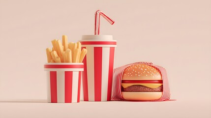 A trendy fast food set features crispy fries in a branded cup, a large drink with a striped straw, and a wrapped burger on a light background. The mockup design showcases customization options