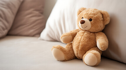 A brown plush teddy bear sitting on a light-colored sofa with pillows in the background