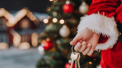 Santa Claus hand holding house keys in front of a Christmas tree and illuminated country house, symbolizing real estate purchase, new home, housewarming and festive holiday property offers