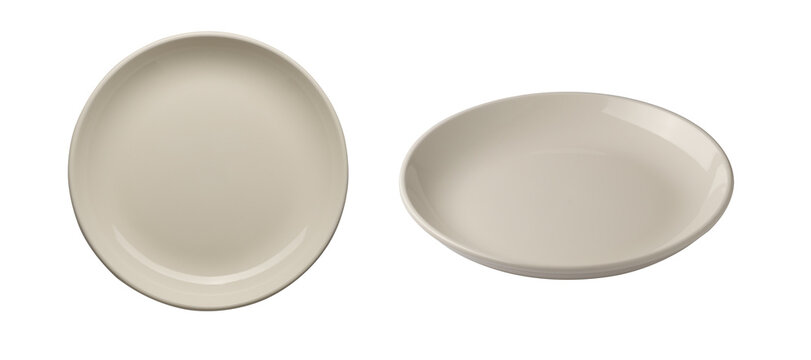 Two beige ceramic plates displayed on a white background, showing top and side angles. Minimalist tableware concept for kitchen, dining, and home decor themes.