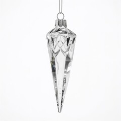 Elegant crystal icicle ornament hanging against a white background  