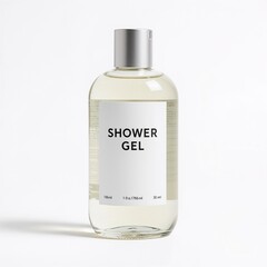Transparent shower gel bottle on white background