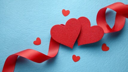 Red hearts with ribbons on classic blue background for valentine’s day romantic celebration, love and affection concept for february 14th holiday greeting