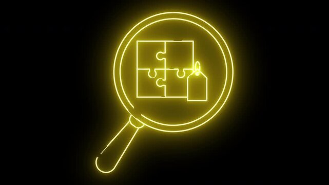 A glowing yellow neon magnifying glass focuses on a fourpiece jigsaw puzzle and a tag set against a black background
