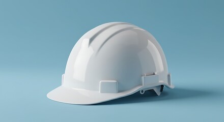 Fototapeta premium Close-up of a glossy white construction helmet set against a solid pastel blue backdrop