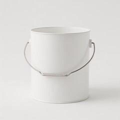 White paint bucket with metal handle on light gray background  