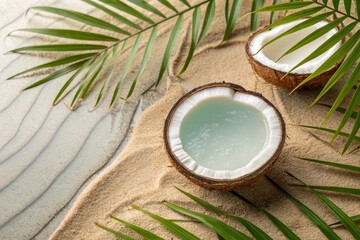 Fresh Coconut Water in Halved Shells on Sandy Beach with Leaves
