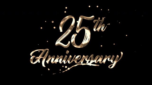 25th anniversary text animation in golden metallic effect. suitable for celebrating special occasions, invitations, anniversary cards and social media. Includes alpha channel for any background.