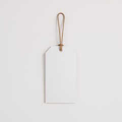 Blank white label tag hanging with string on neutral background  