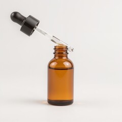Amber dropper bottle with pipette on neutral background  