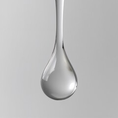 Silver liquid droplet suspended against smooth grey background  