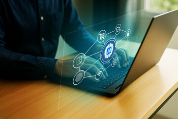 
Artificial Intelligence Technology Concept with Businessman Using Laptop and Digital Data Network Interface